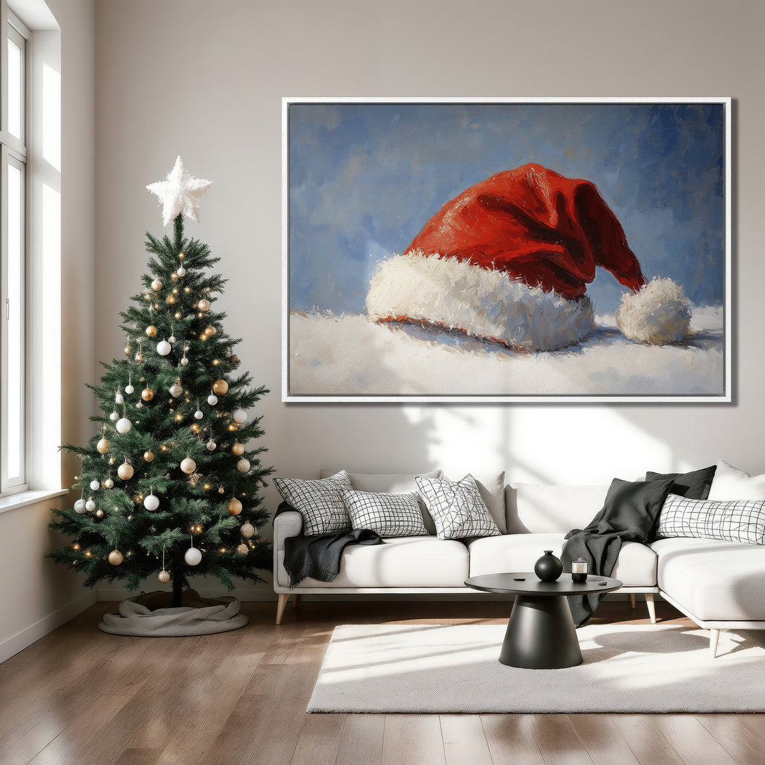 Framed Wall Art: Festive Santa hat painting in a modern living room. Red, white & blue color palette. Perfect Christmas decor!