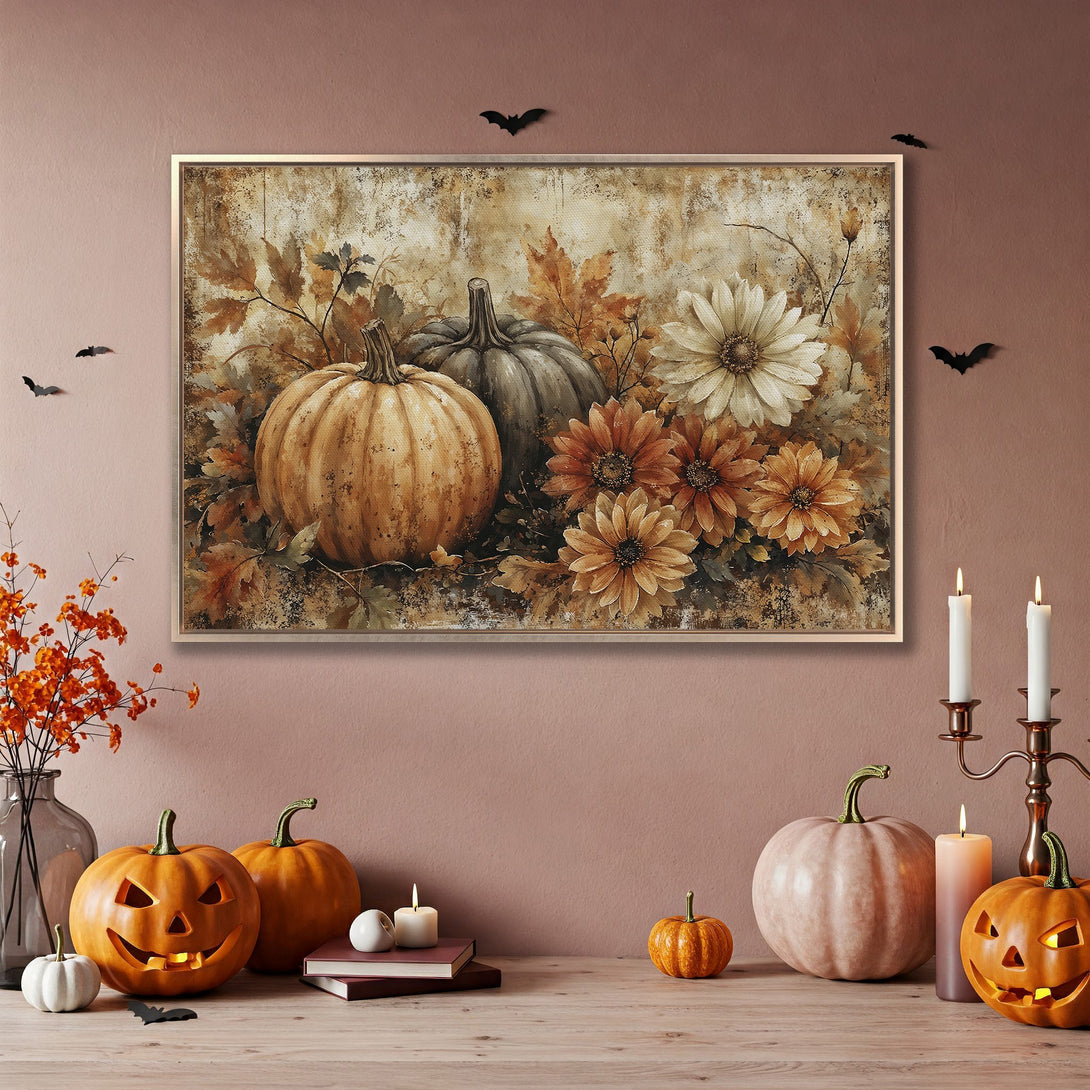 Framed Wall Art featuring pumpkins and flowers in warm autumn tones. Perfect fall decor for your home.