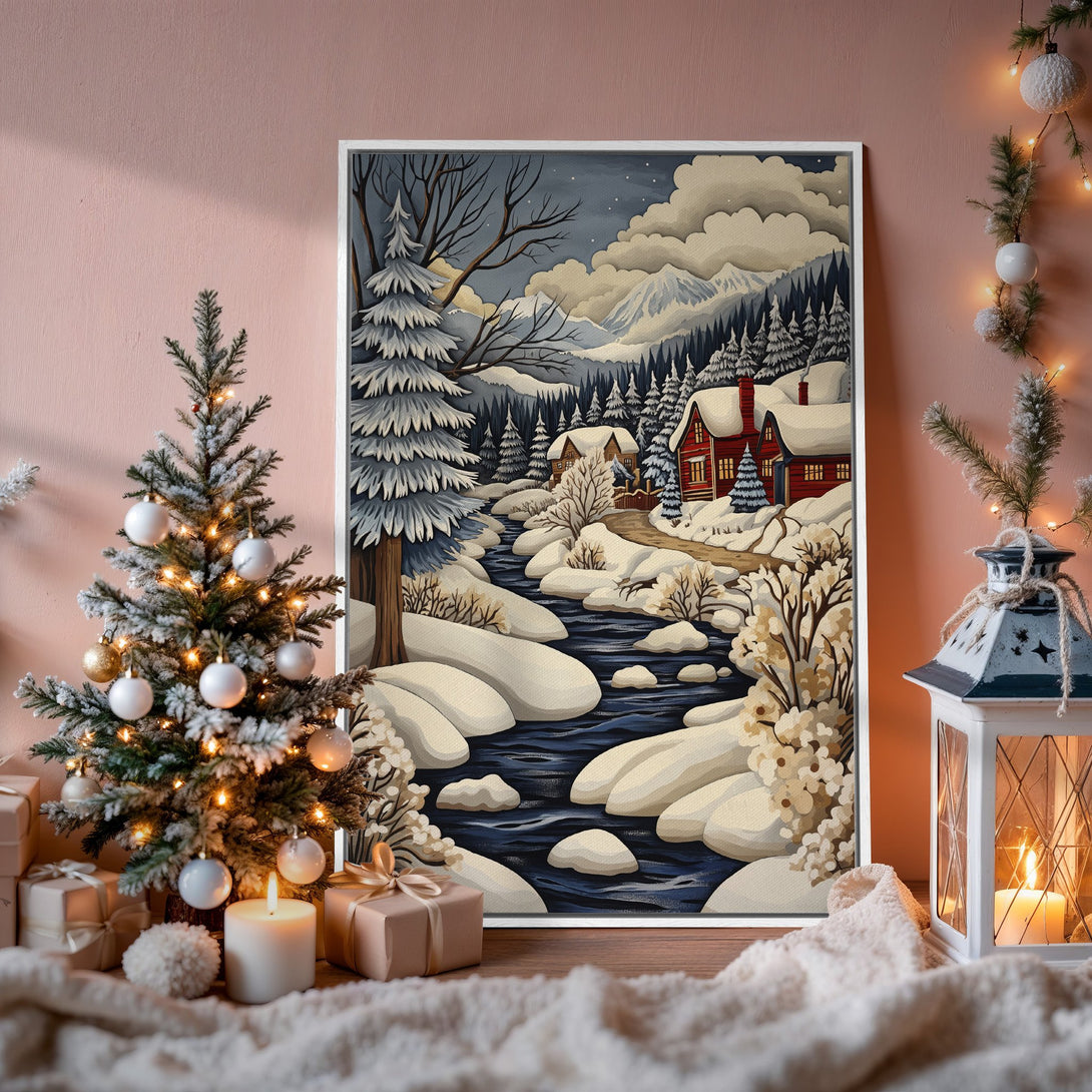 Framed Wall Art: Winter landscape Canvas Print with snowy river, red cabins, and a cozy, neutral color palette. Perfect holiday decor!