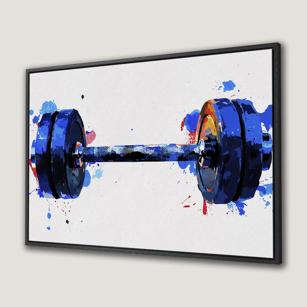 Framed Wall Art: Watercolor barbell art print in blue, red, and orange. Modern fitness decor for home gyms or workout spaces. Canvas Print.