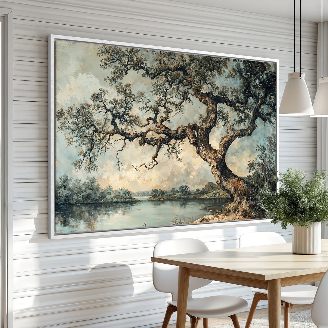 Framed Wall Art: Landscape Canvas Print featuring a majestic tree & serene lake in a muted, natural color palette. Perfect for adding elegance to your home!