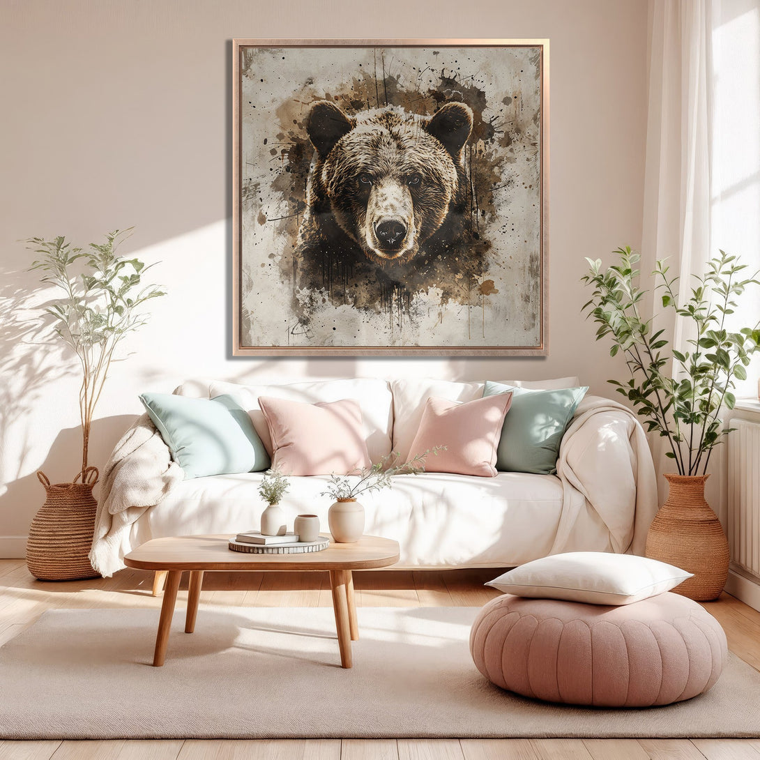 Framed Wall Art: Grizzly bear portrait in neutral tones. Abstract watercolor style canvas print adds a touch of rustic elegance to any living room.