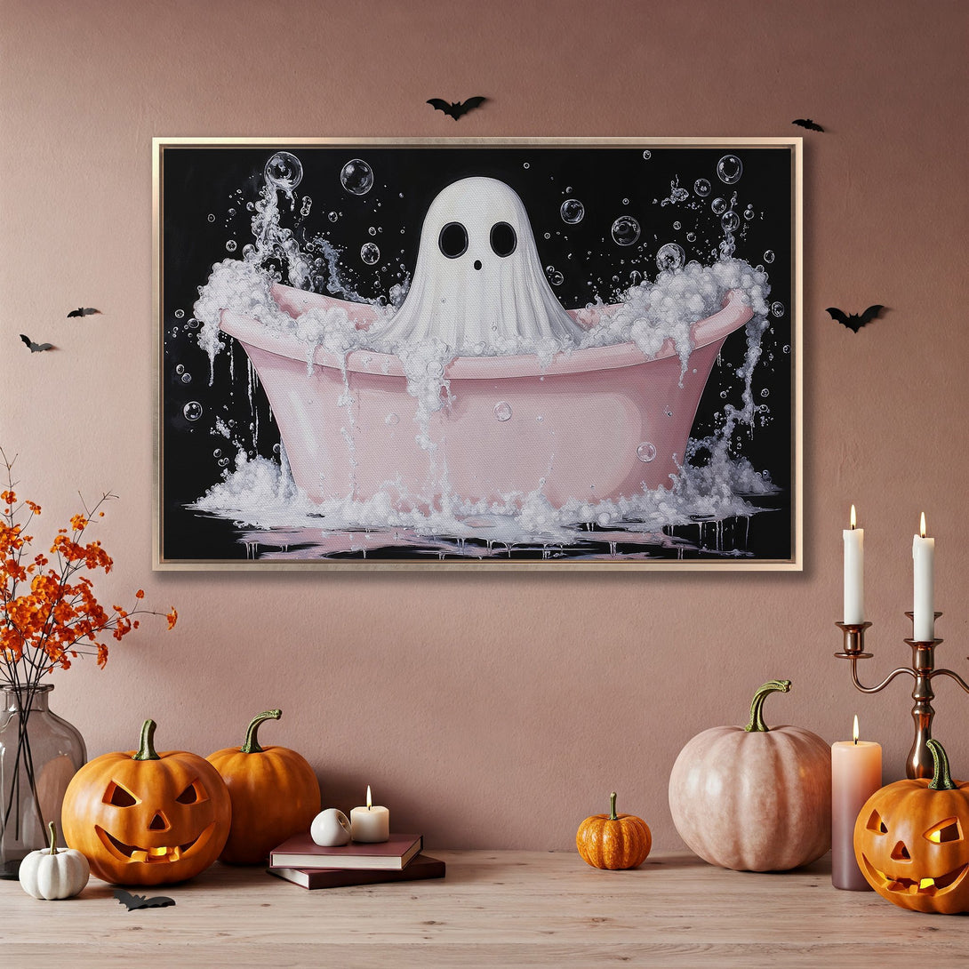 Framed Wall Art: Adorable ghost in a pink bathtub. Whimsical Halloween decor in a black, pink, and white color palette. Perfect for spooky season!