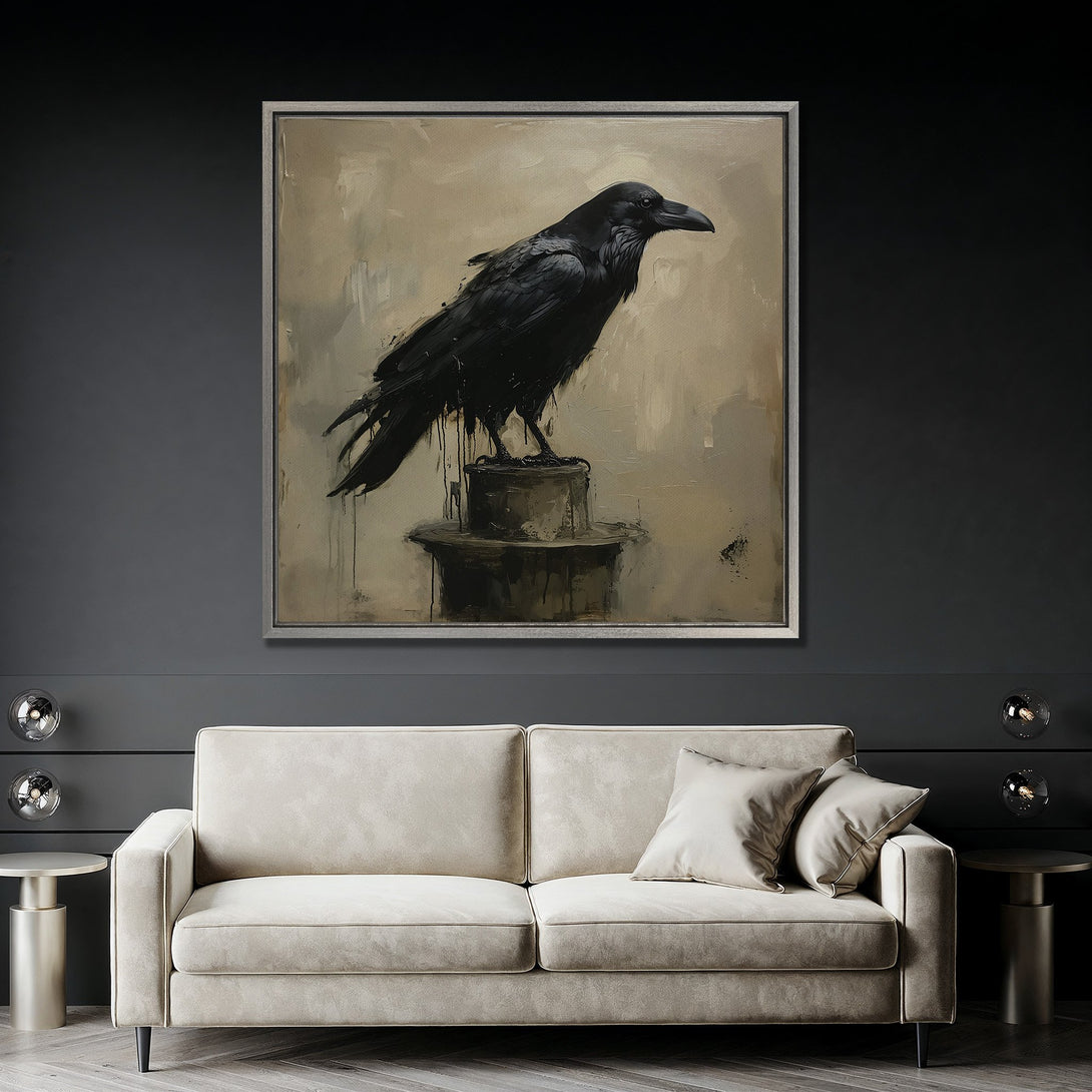 Framed Wall Art: Black raven painting in a modern style. Neutral color palette with dark accents. Perfect for adding a touch of gothic elegance.