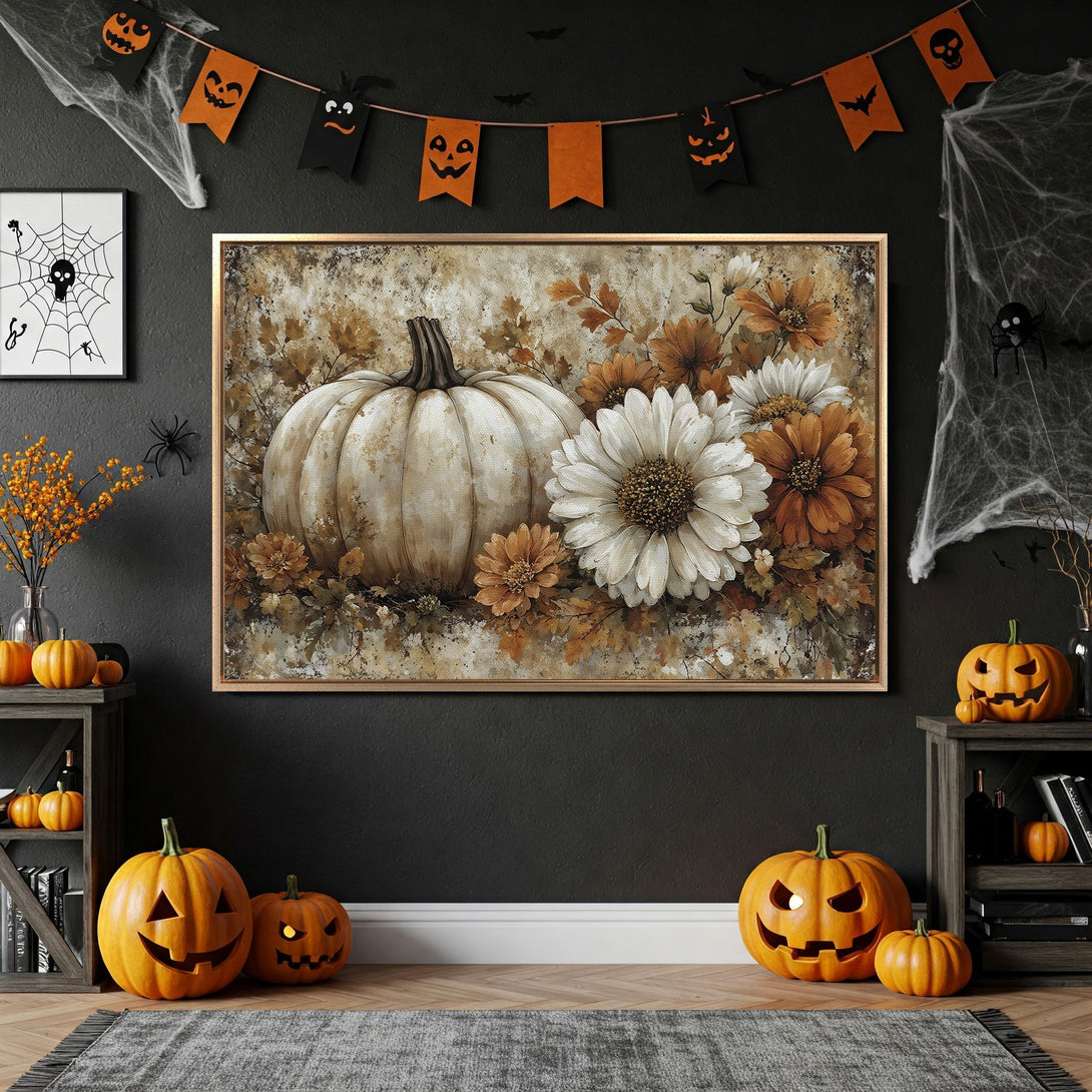 Framed Wall Art featuring a pumpkin and floral arrangement in a rustic style, warm autumnal color palette, perfect for Halloween decor.
