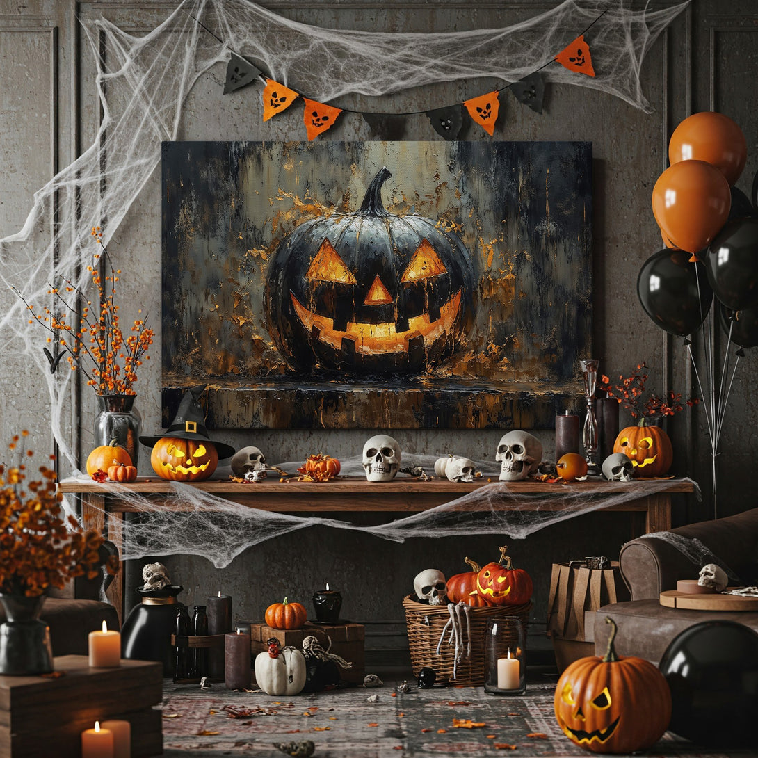 Framed Wall Art featuring a spooky pumpkin in a dark, textured style with gold and orange accents. Perfect Halloween decor!