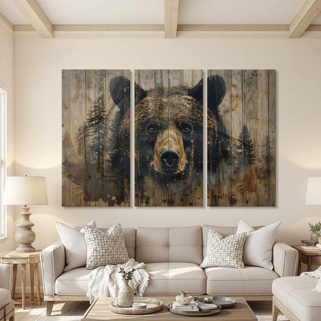 Canvas Print of a majestic bear in a rustic, watercolor style. Earthy tones of brown, black, and gold create a warm, inviting atmosphere.