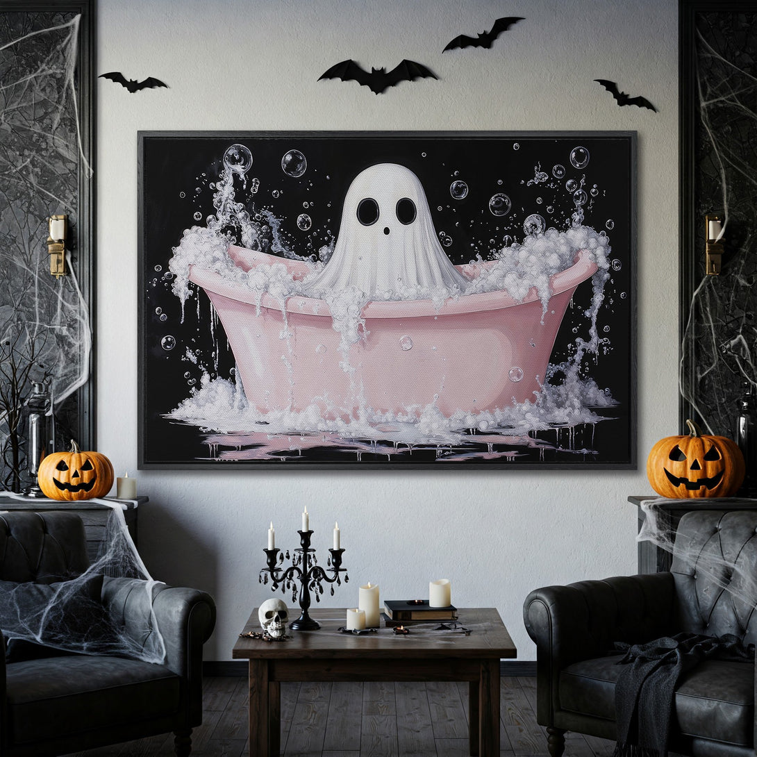 Framed Wall Art: Adorable ghost in a pink bathtub. Whimsical Halloween art with a black, pink, & white color palette. Perfect for spooky home decor.