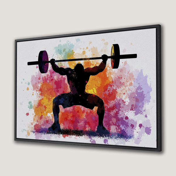 Framed Wall Art: Watercolor silhouette of a weightlifter with vibrant, colorful paint splashes. Perfect fitness decor for your home gym!