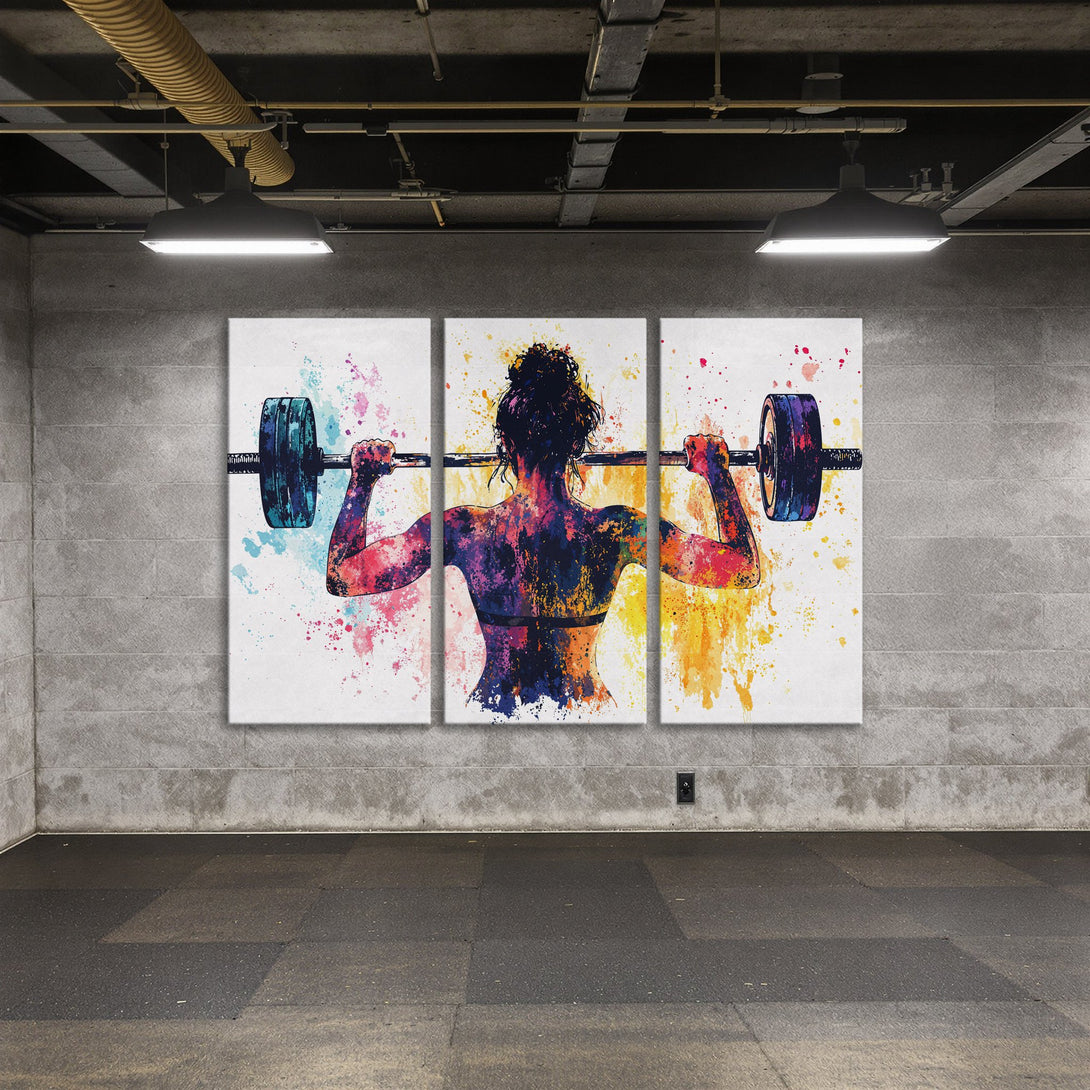 Canvas Print of a weightlifting woman in a colorful watercolor style. Vibrant blues, pinks, and yellows pop against a white background.