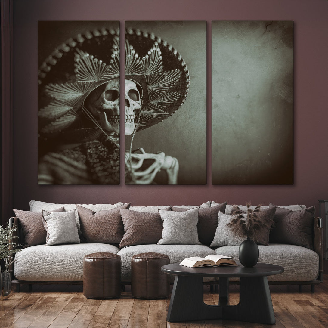 Canvas Print featuring a skeleton in a sombrero, sepia tones, and a vintage aesthetic. Perfect for adding unique wall art to your home!