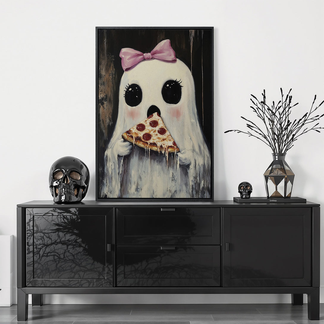 Framed Wall Art: Whimsical ghost with pink bow eating pizza. Playful art in a neutral palette with black accents. Perfect for adding personality to your space.