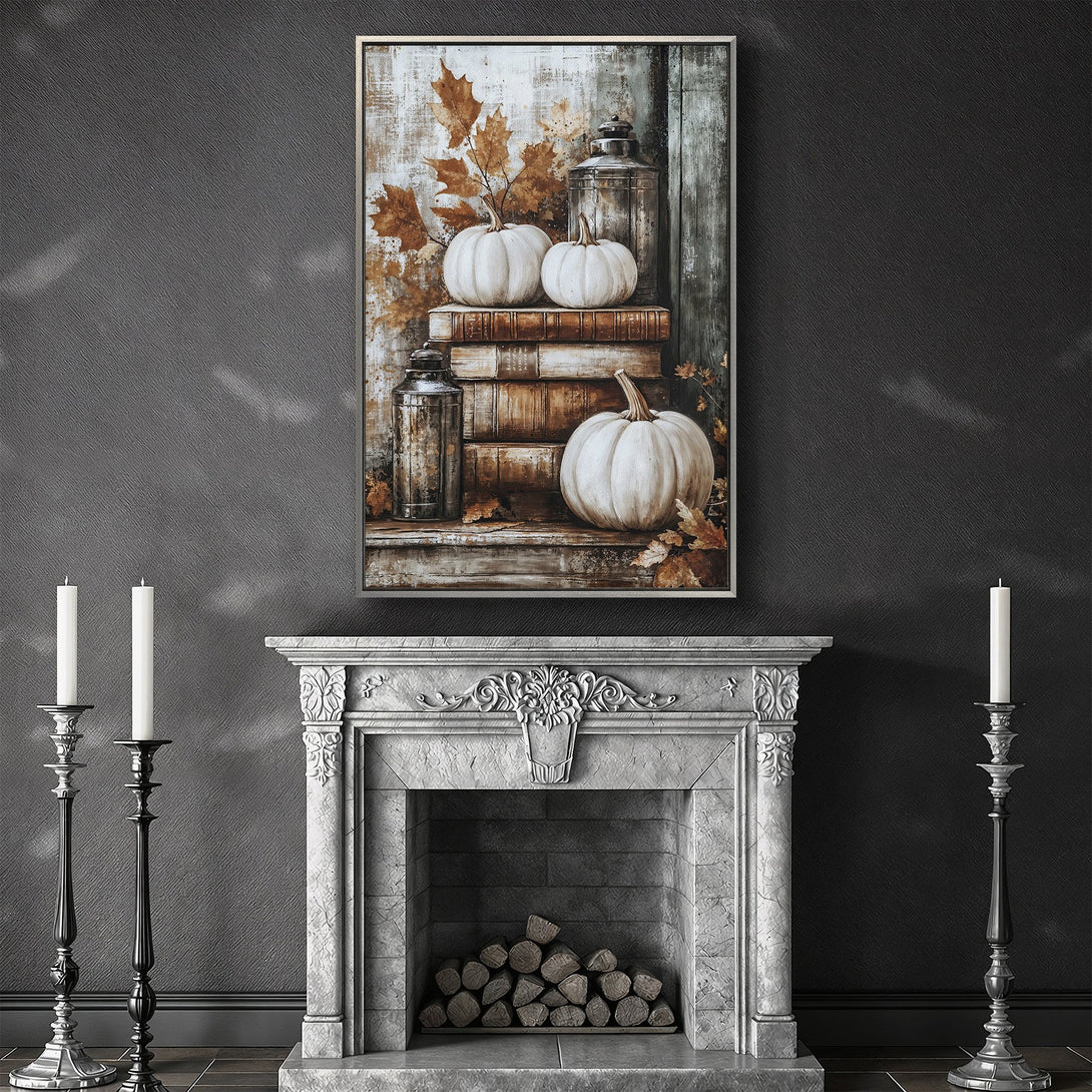 Framed Wall Art featuring pumpkins and autumn leaves in a rustic style with a warm, neutral color palette. Perfect fall decor!