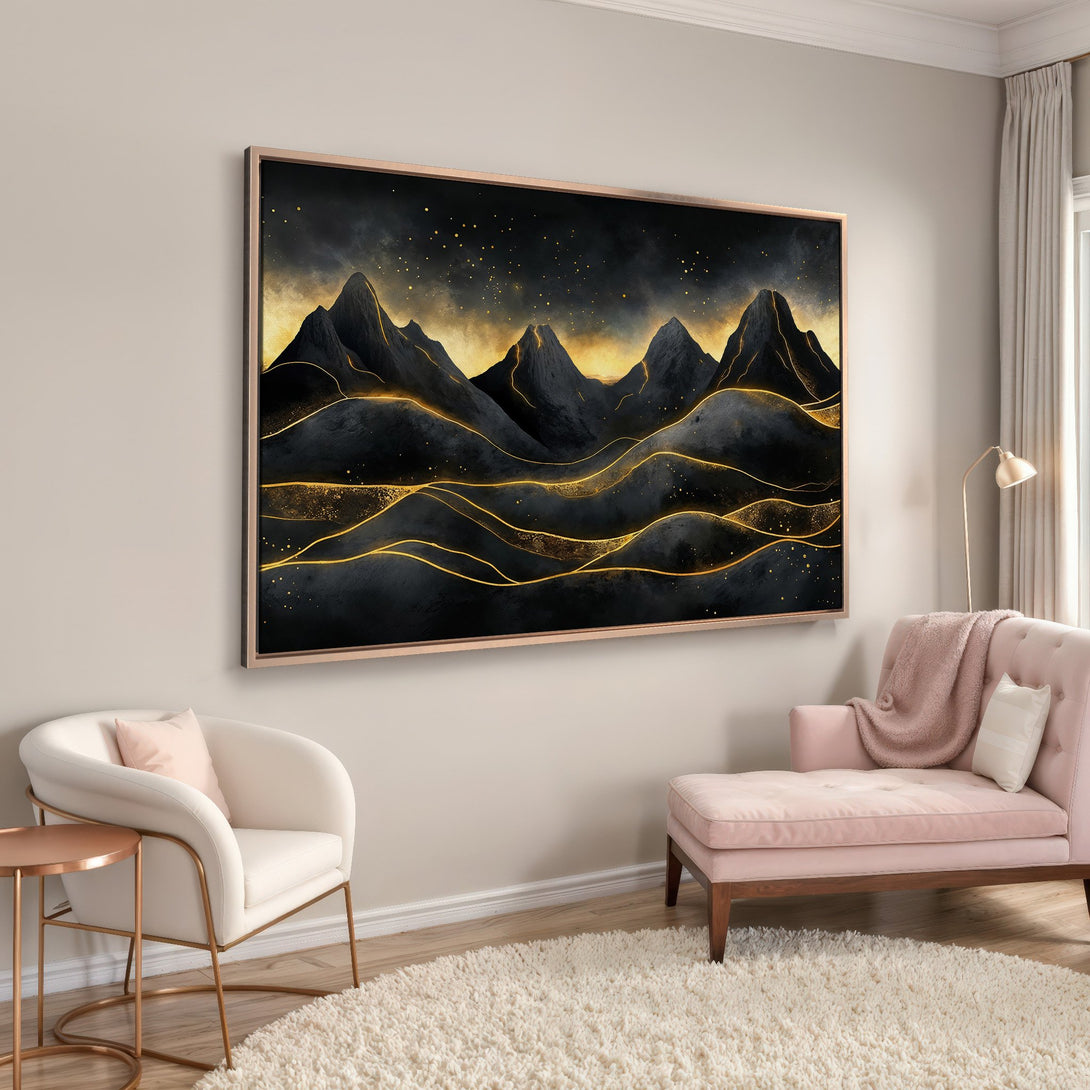 Framed Wall Art: Abstract mountain landscape in black and gold. Modern Canvas Print with a neutral color palette, perfect for adding elegance to your home.