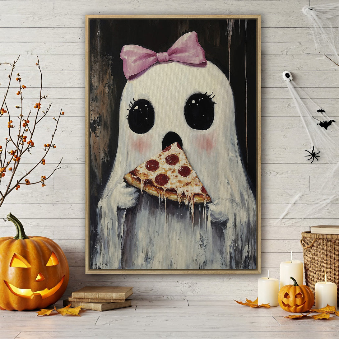 Framed Wall Art: Adorable ghost eating pizza, whimsical art in a Halloween setting. Pastel and warm tones. Perfect for adding a touch of fun to your decor!