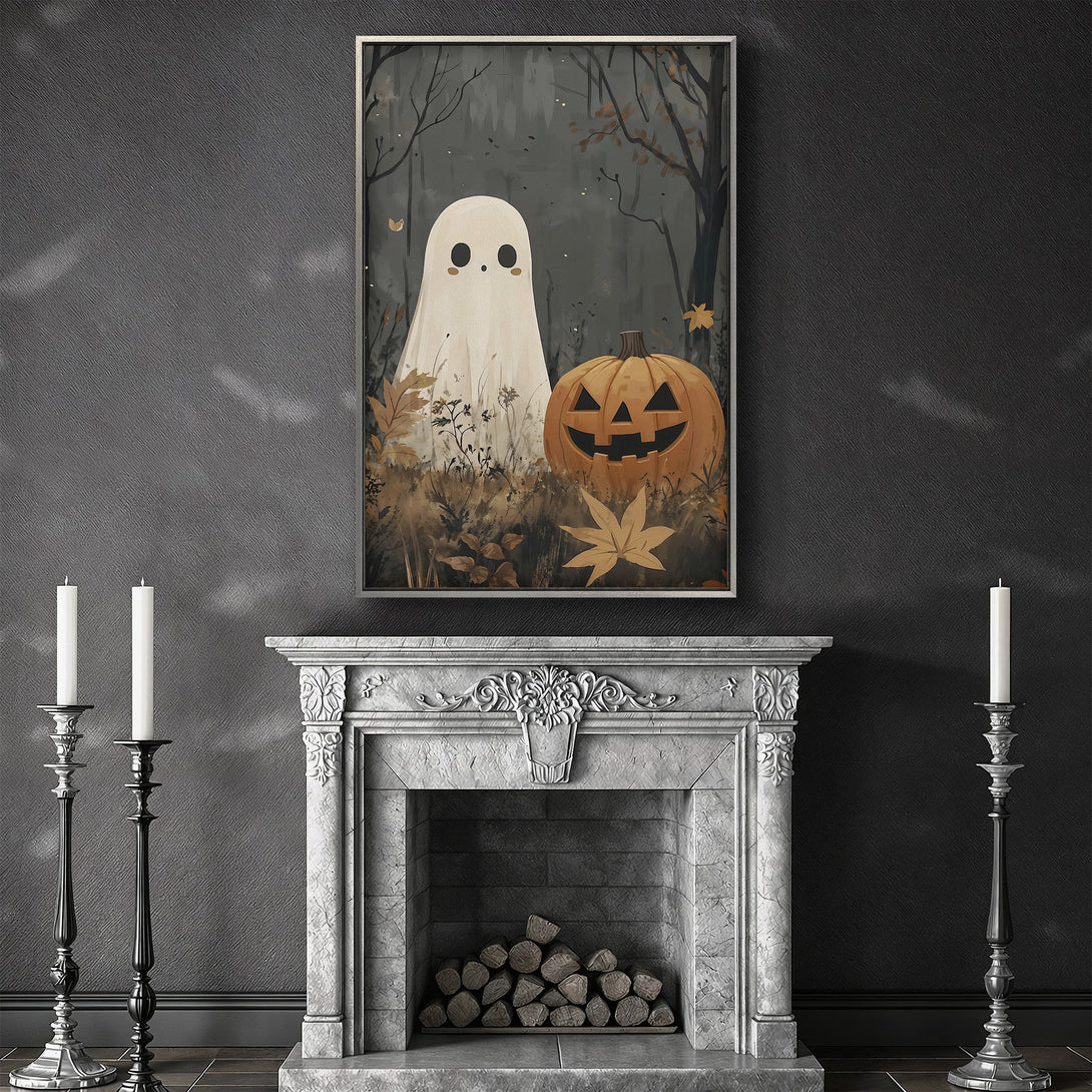 Framed Wall Art: Spooky Halloween ghost and pumpkin art in a muted color palette. Perfect for seasonal decor, adds a touch of whimsy to any room.
