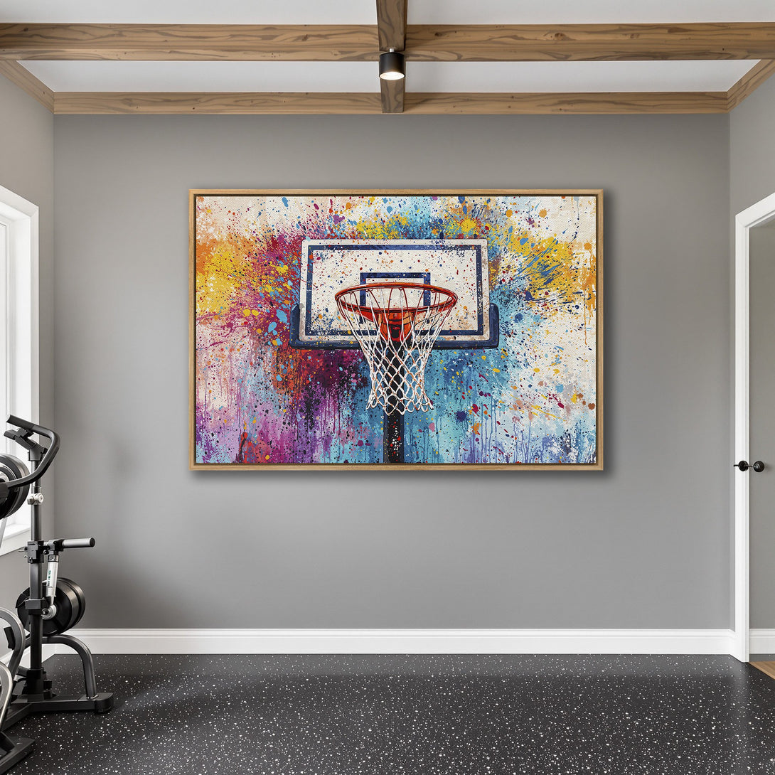 Framed Wall Art: Abstract basketball hoop art with vibrant splashes of color. Modern canvas print for a stylish home gym or sports-themed decor.