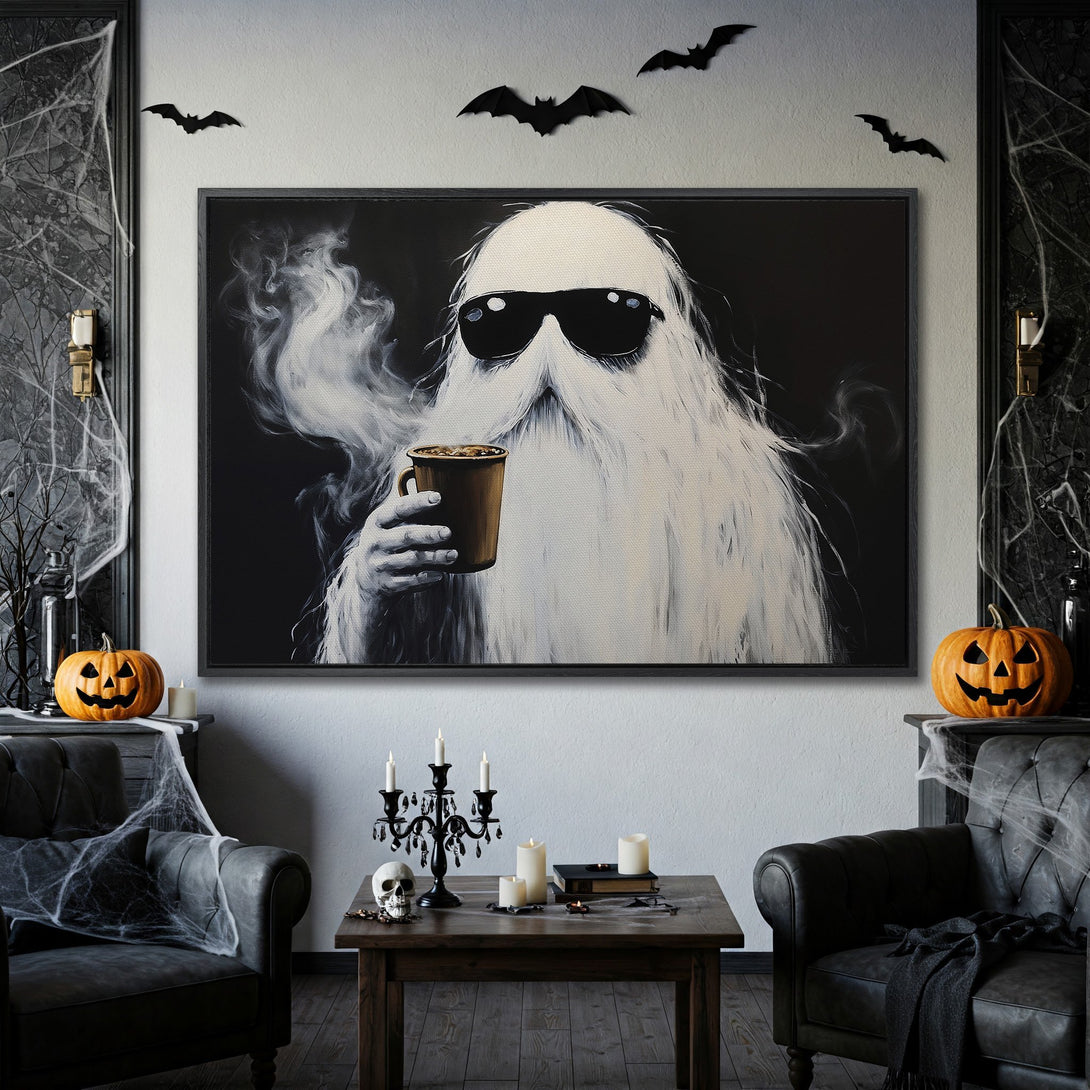 Framed Wall Art: Cool ghost enjoying coffee in a black and white painting. Halloween decor in a spooky interior setting.