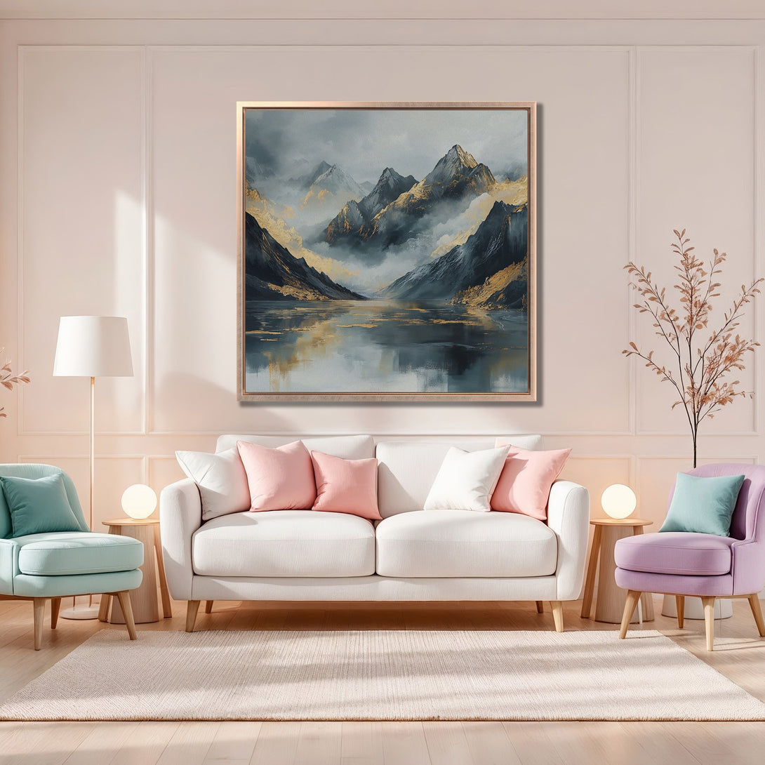 Framed Wall Art: Mountain landscape canvas print in muted gold, gray, and blue tones. Modern art for living room decor, adding a touch of elegance.