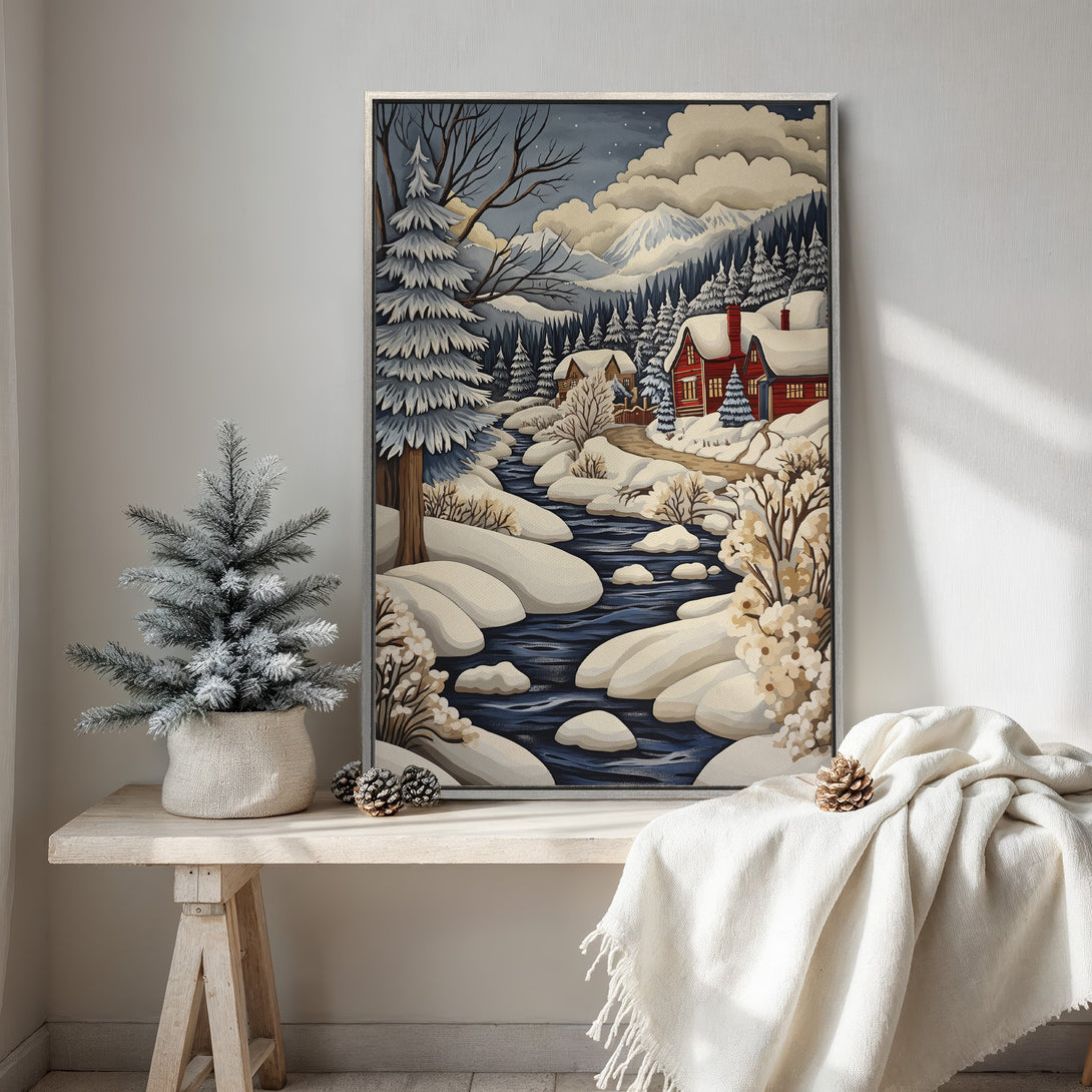 Framed Wall Art: Winter landscape Canvas Print with red houses, snowy river, and blue and white color palette. Perfect for cozy home decor.