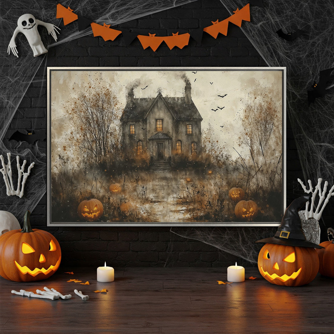 Framed Wall Art: Spooky Halloween haunted house canvas print in warm orange and brown tones. Perfect for seasonal decor!