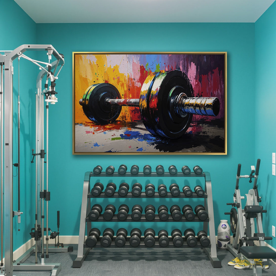 Abstract Canvas Print of a barbell in a gym, vibrant colors. Perfect fitness decor for your home gym or studio!