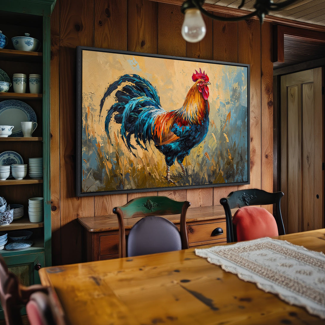 Framed Wall Art: Colorful rooster canvas print in rustic interior. Vibrant blues, oranges, and yellows. Perfect farmhouse decor.