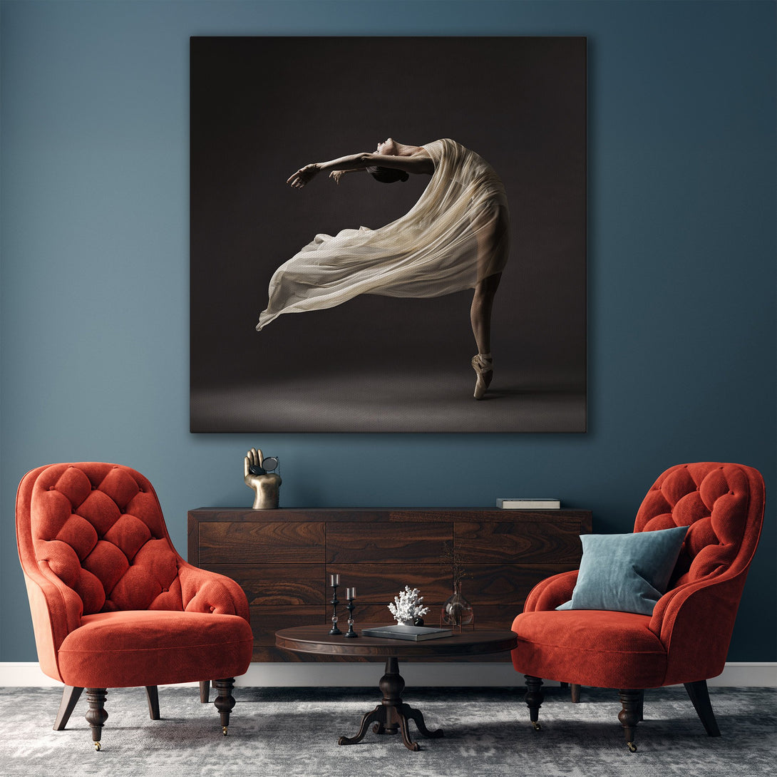 Framed Wall Art featuring a graceful ballerina in flowing fabric, neutral color palette. Elegant decor for living room or bedroom.