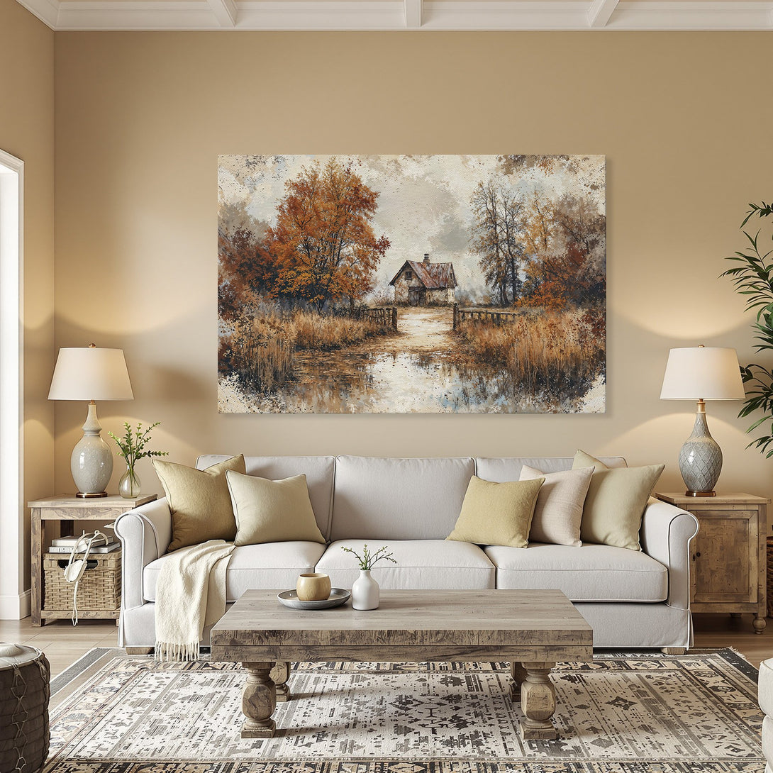 Framed Wall Art: Autumn landscape Canvas Print with warm orange & brown tones. Perfect for adding cozy, rustic charm to your home decor.