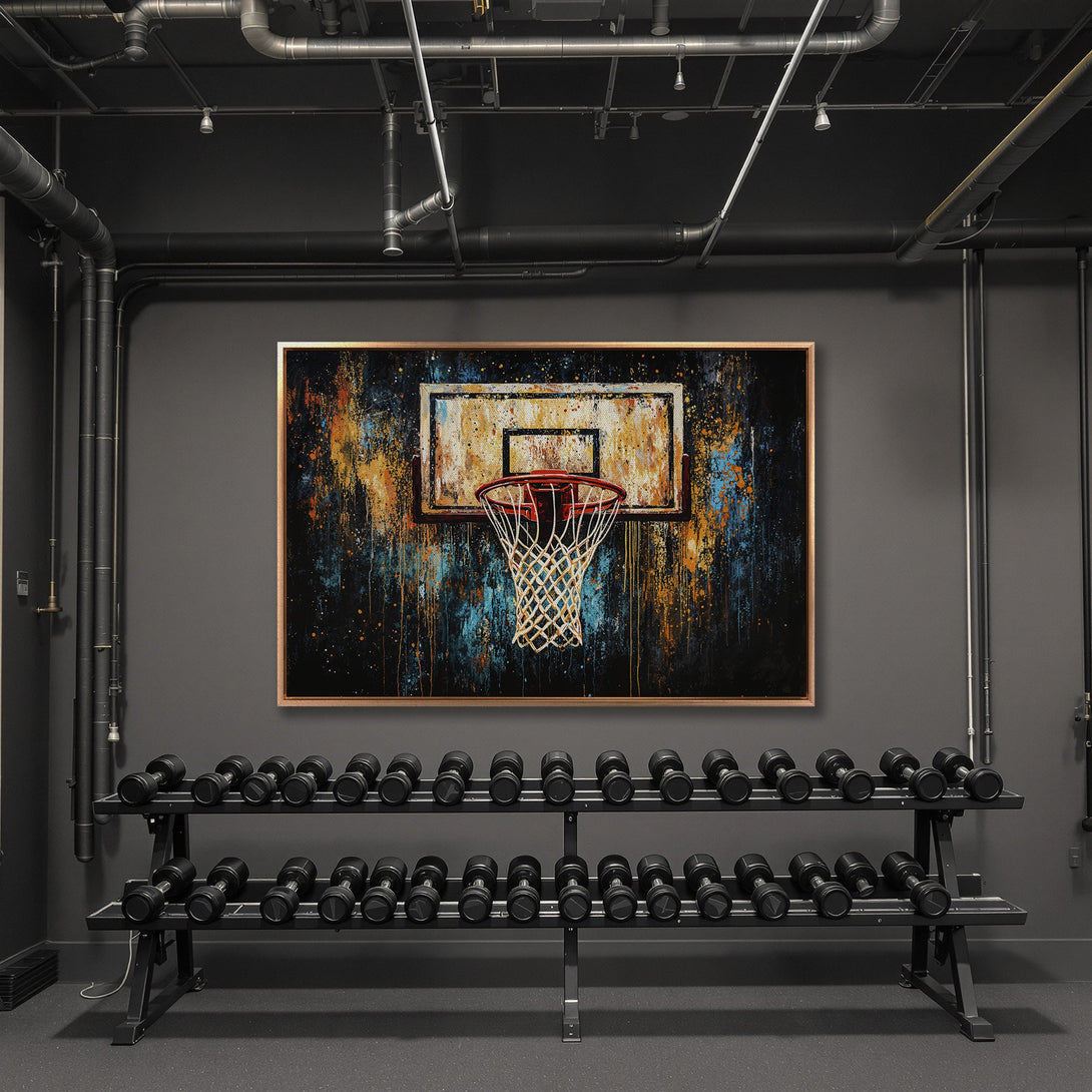 Framed Wall Art: Abstract basketball hoop art with vibrant orange, blue, and gold splashes. Modern canvas print for gym or sports decor.