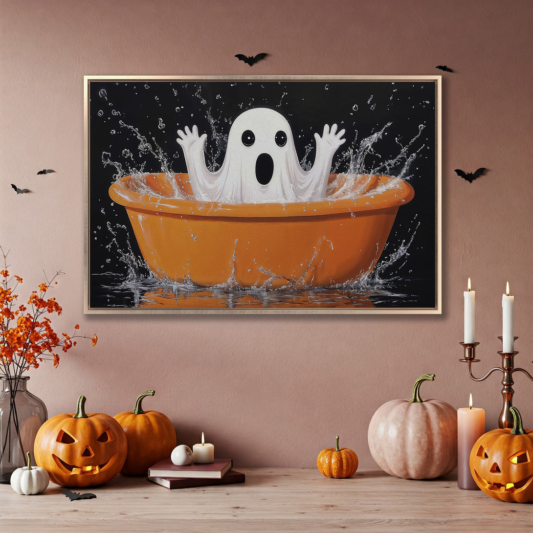 Framed Wall Art: Whimsical ghost in a bath, Halloween decor. Features a black, orange, and white color palette for spooky seasonal style.