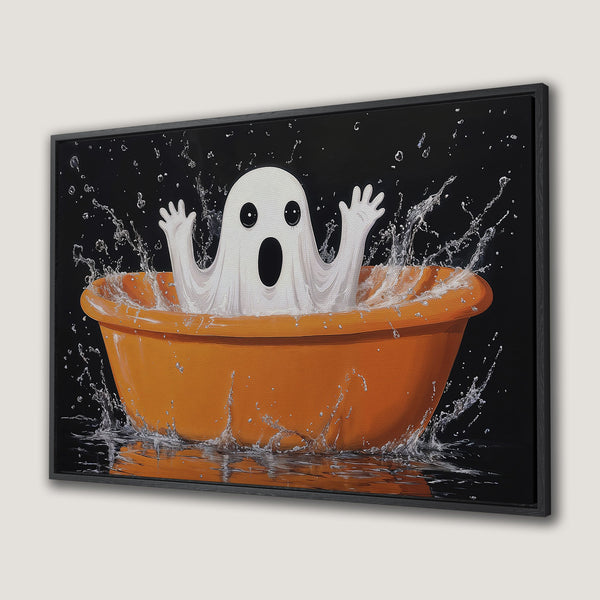 Framed Wall Art: Whimsical ghost in a tub with water splash. Playful art with a black, orange, and white color palette. Perfect Halloween decor.