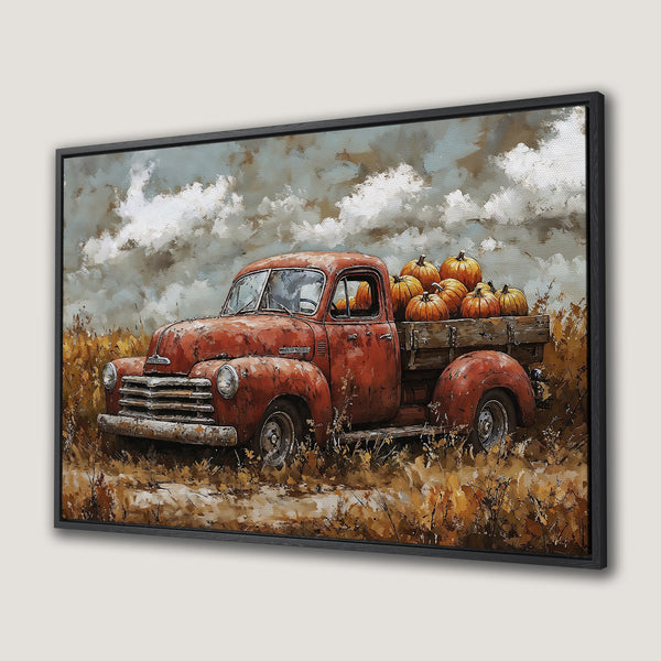 Framed Wall Art featuring a vintage red truck filled with pumpkins, painted in a rustic style with warm, autumnal colors. Perfect fall home decor!