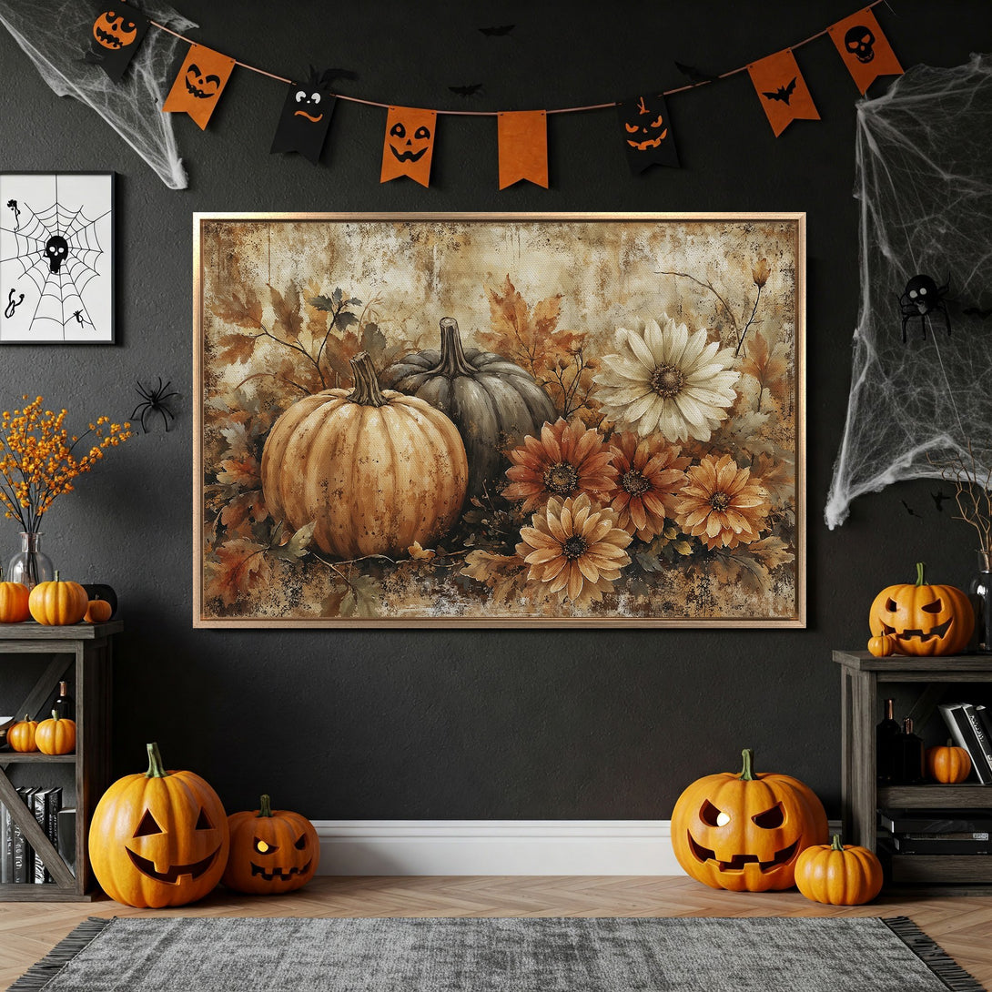 Framed Wall Art featuring pumpkins and flowers in warm autumn tones, perfect for Halloween decor. Rustic style canvas print for cozy fall vibes.