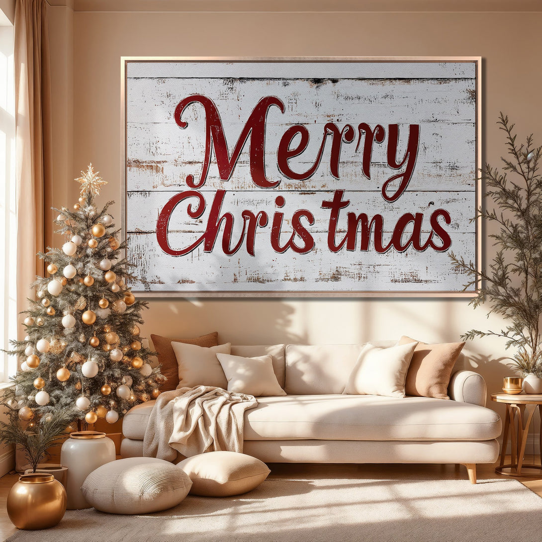 Framed Wall Art: "Merry Christmas" in rustic red on a white wood-look canvas. Warm, neutral interior decor with Christmas tree & cozy vibes.