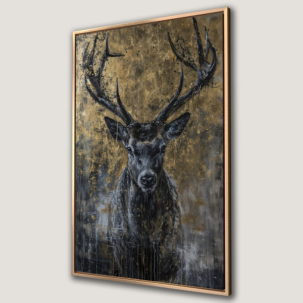 Framed Wall Art: Abstract deer portrait in black, gold, and gray. Modern canvas print for home decor. Elevate your space with this stunning artwork.