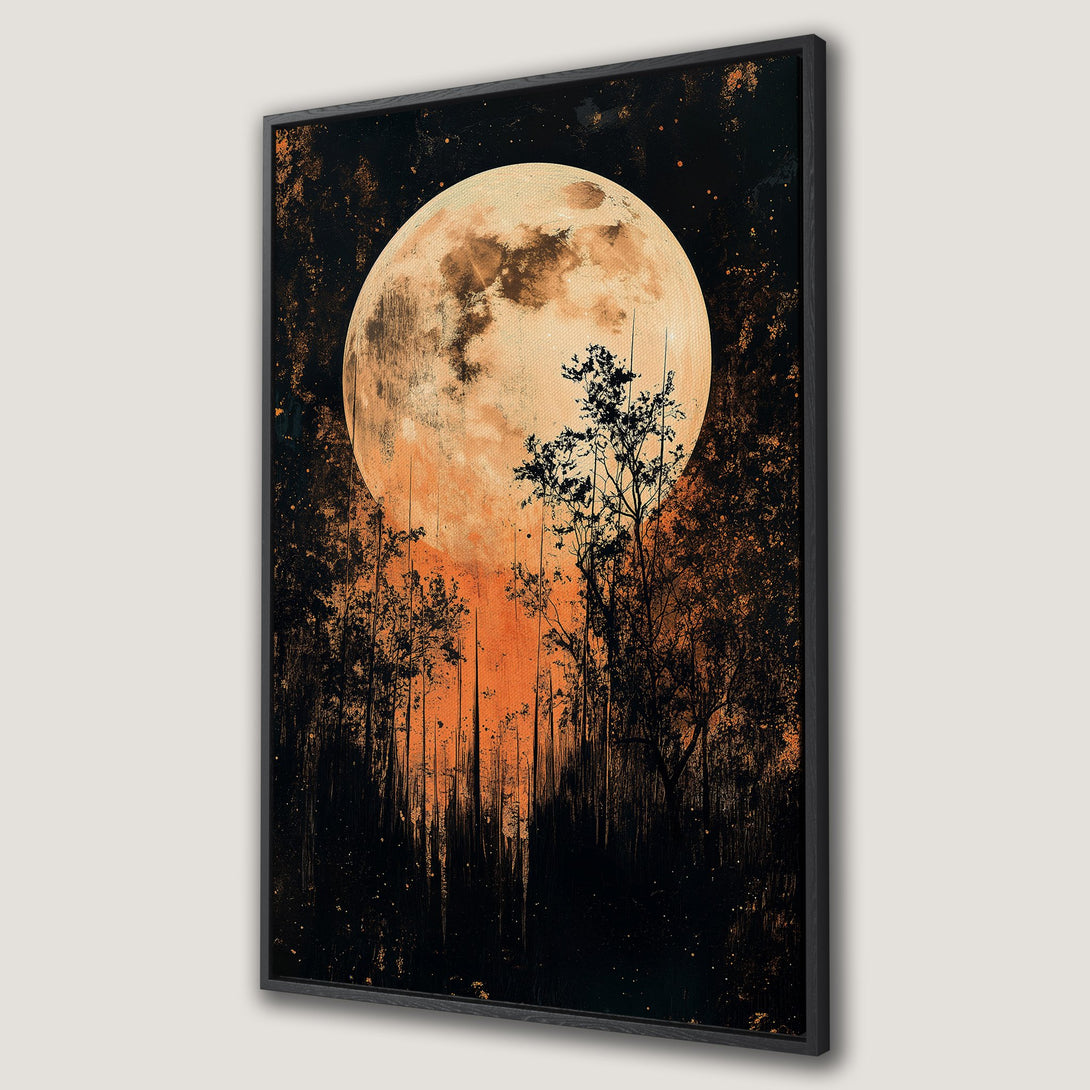 Framed Wall Art: Dramatic moonlit forest scene in orange and black. Abstract, moody art perfect for adding a touch of mystery to your space.
