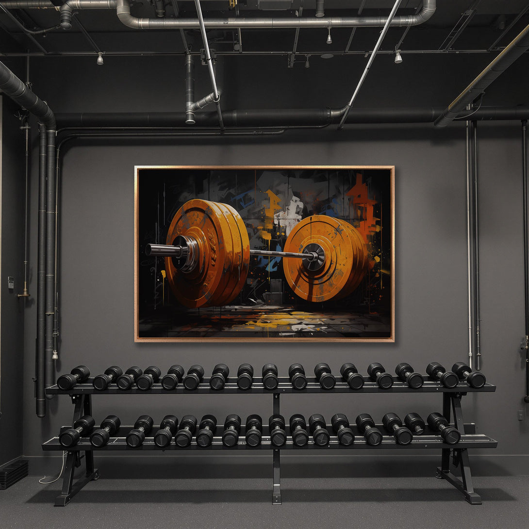 Framed Wall Art: Abstract barbell art in a gym setting. Modern, industrial style with orange, black, and grey color palette. Elevate your space with this unique print!