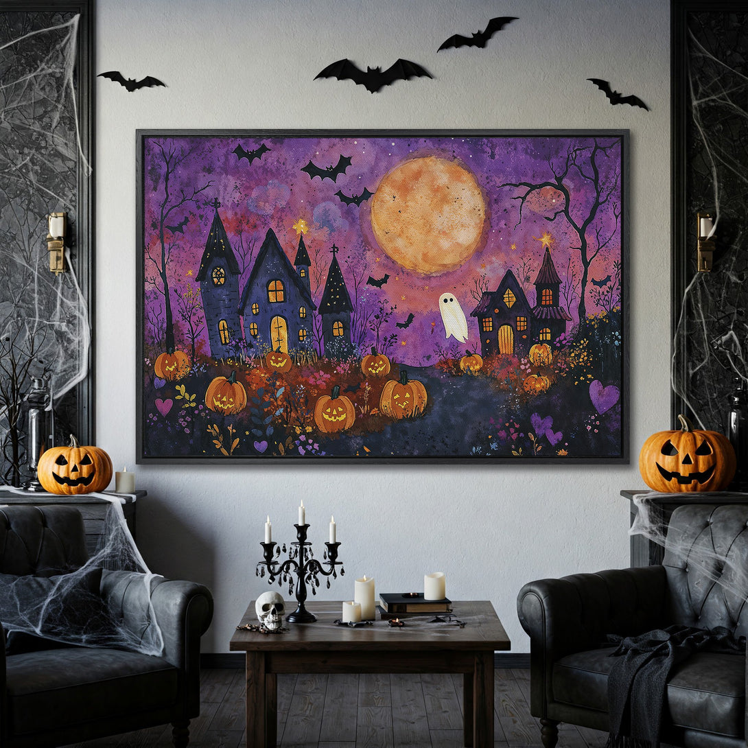 Framed Wall Art: Spooky Halloween scene with haunted houses, pumpkins, and a purple and orange watercolor palette. Perfect for seasonal decor!