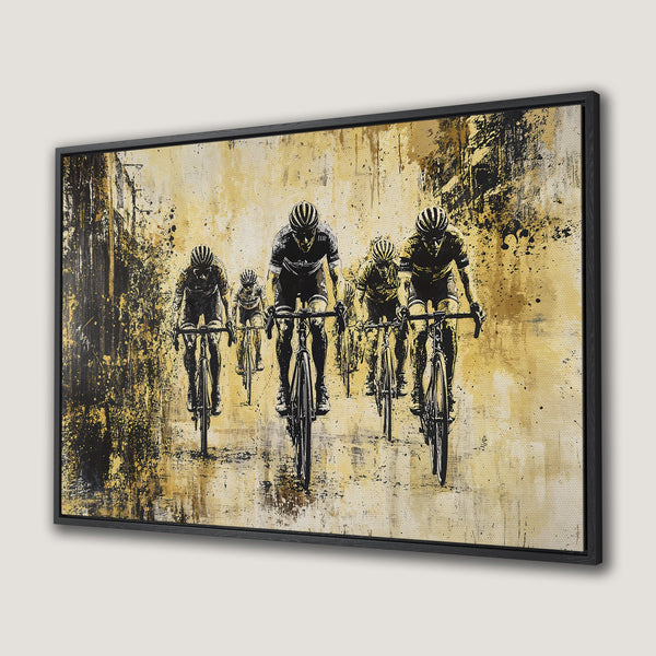 Framed Wall Art featuring cyclists in a dynamic, abstract style with a black and gold color palette. Perfect for adding energy to any space!