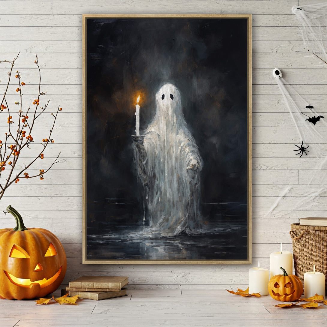 Framed Wall Art: Spooky ghost holding candle, dark & moody painting. Perfect Halloween decor in a vintage style with a muted color palette.