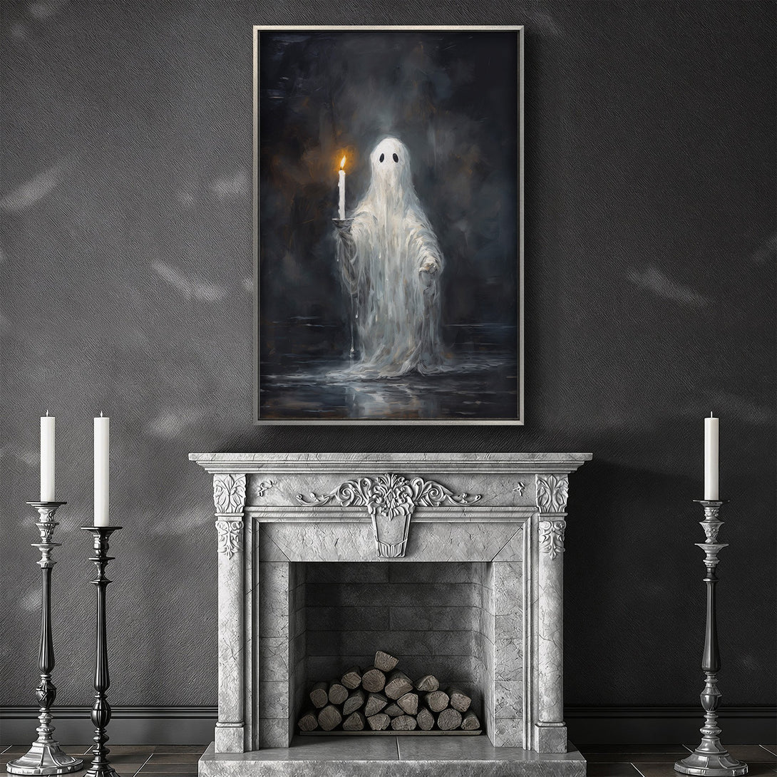 Framed Wall Art: Spooky ghost holding candle, dark moody art in a gothic style. Dark gray and blue color palette. Perfect for Halloween decor.