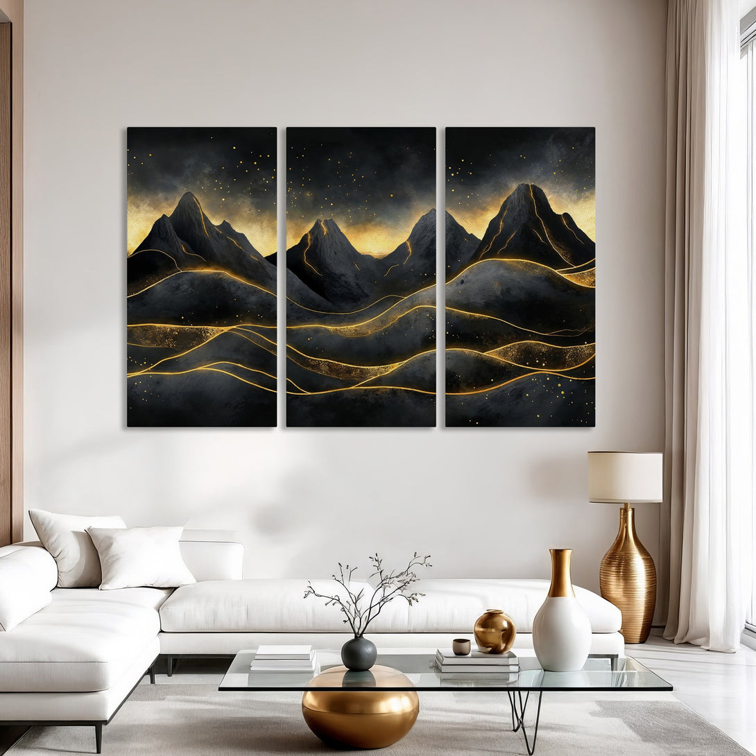 Canvas Print of abstract mountain landscape in black and gold. Modern wall art with a luxurious, minimalist style, perfect for home decor.
