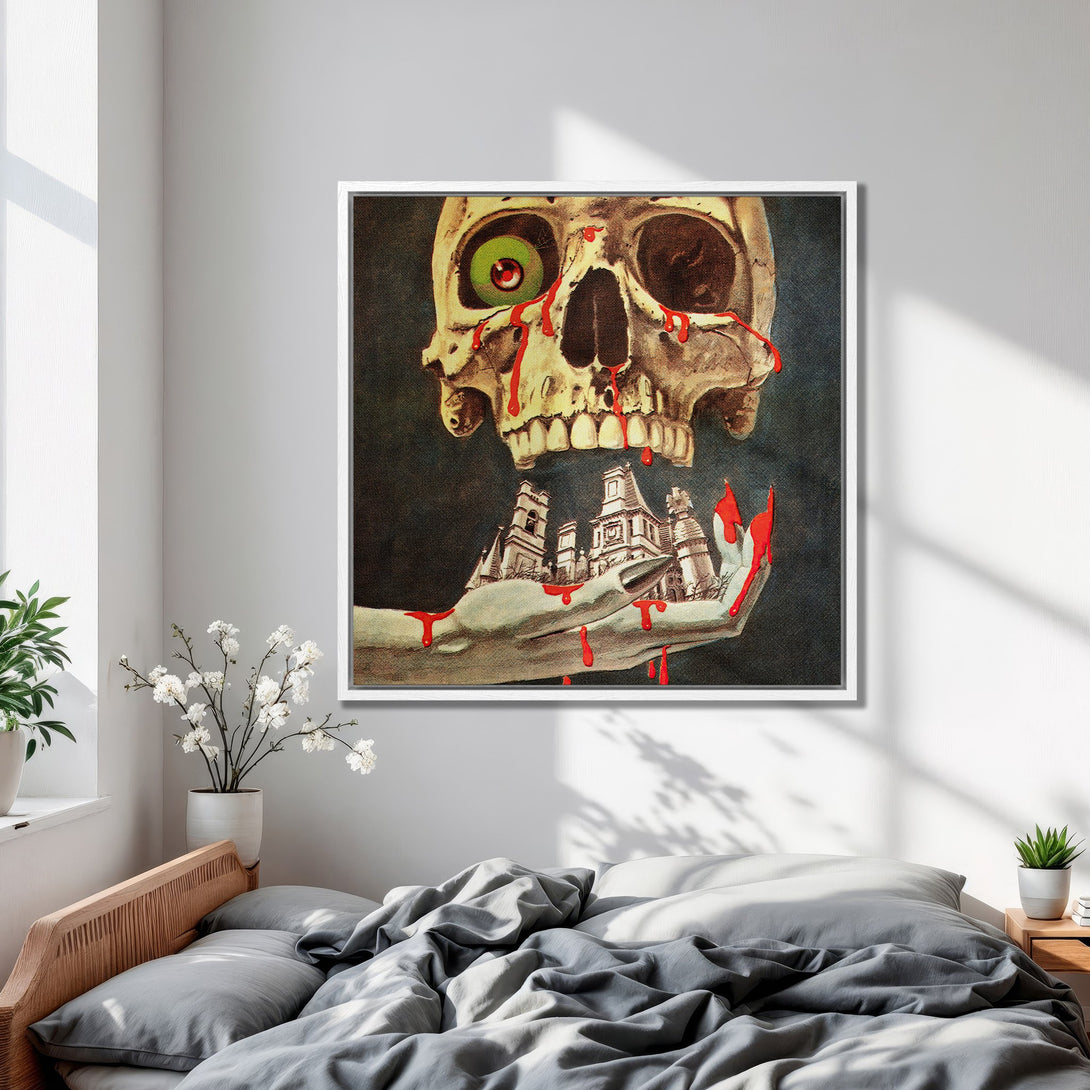 Framed Wall Art: Spooky skull with red blood dripping, surreal illustration in a bedroom. Dark, vintage style with a limited color palette. Perfect for Halloween!