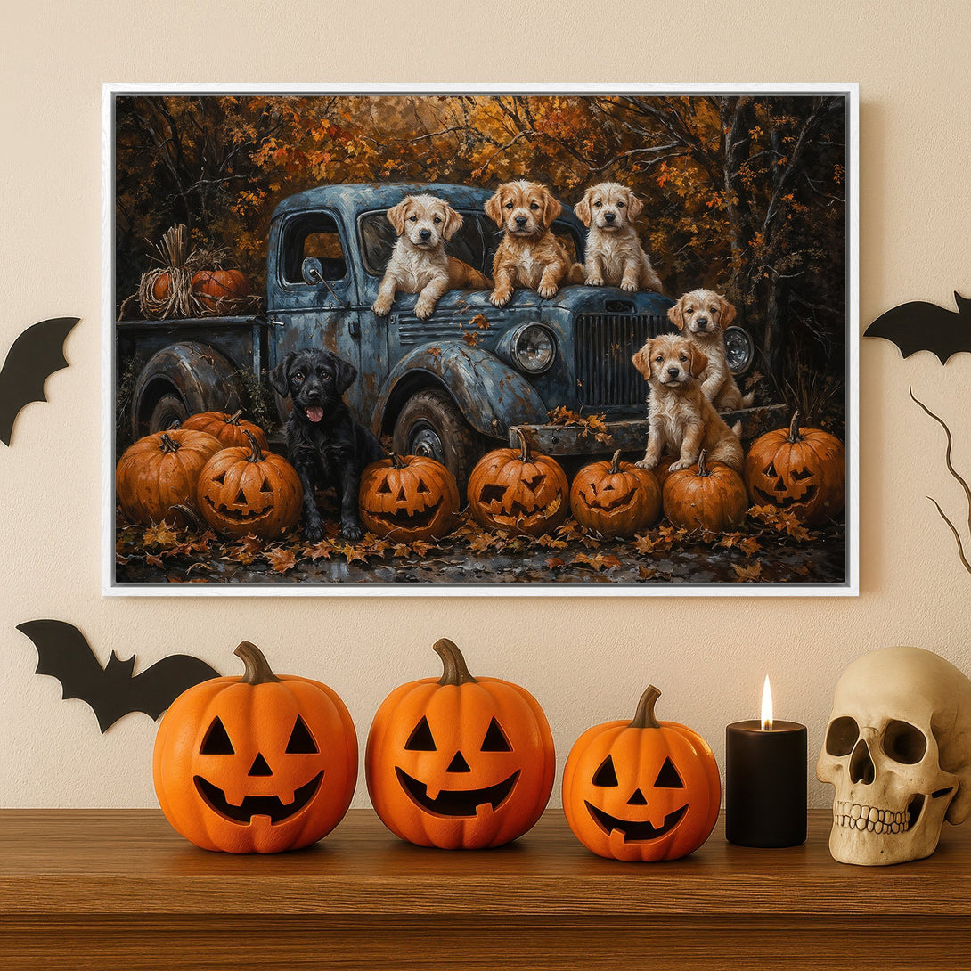 Framed Wall Art: Adorable puppies in a vintage truck with pumpkins, fall colors. Perfect Halloween decor for your home. Rustic charm, warm palette.
