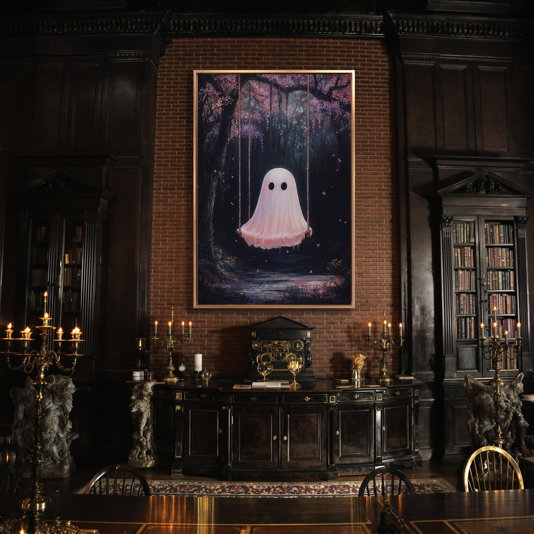 Framed Wall Art: Whimsical ghost on a swing in a dreamy forest scene. Pastel pinks and dark greens create a magical, enchanting aesthetic. Perfect for any room!