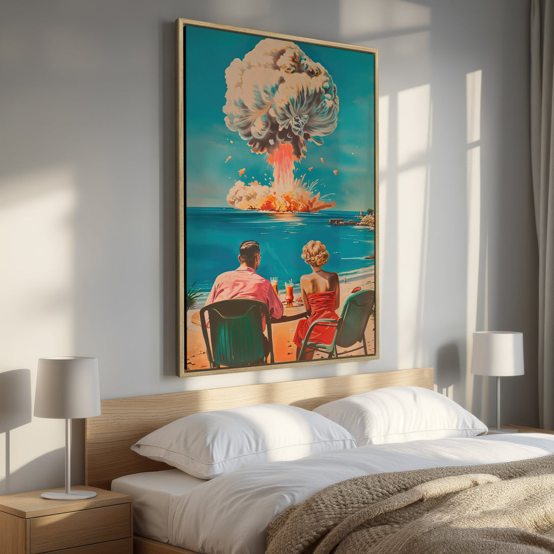 Framed Wall Art featuring a retro couple on a beach watching a nuclear explosion, vibrant teal, orange, and pink color palette, perfect for a modern bedroom.