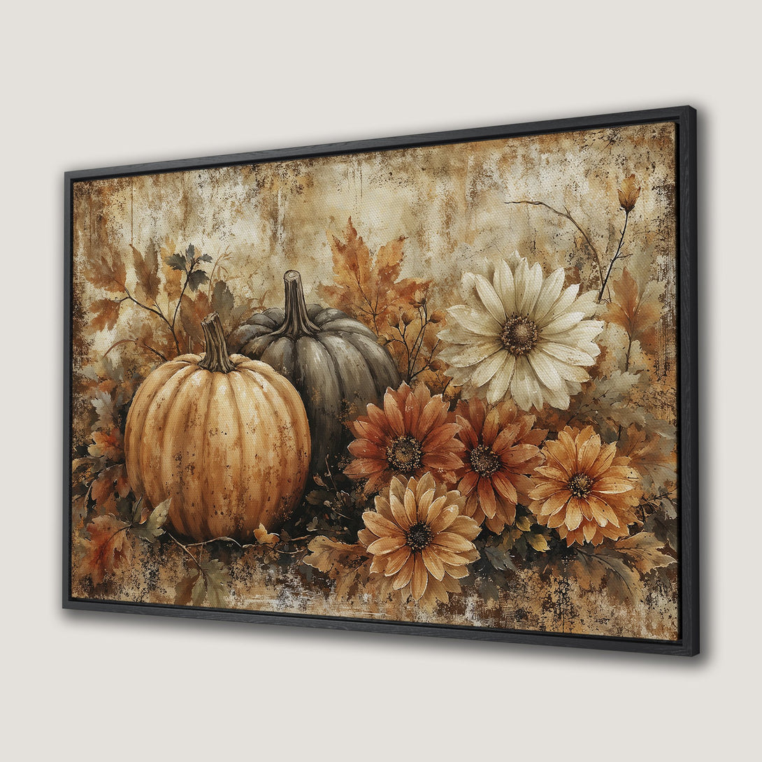 Framed Wall Art Canvas Print of pumpkins and fall flowers in warm, earthy tones. Rustic art for cozy autumn decor.
