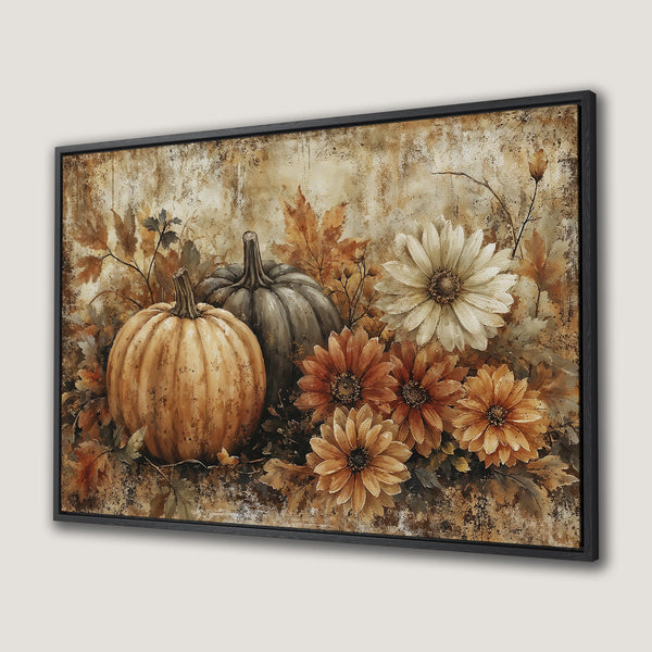 Framed Wall Art Canvas Print of pumpkins and fall flowers in warm, earthy tones. Rustic art for cozy autumn decor.