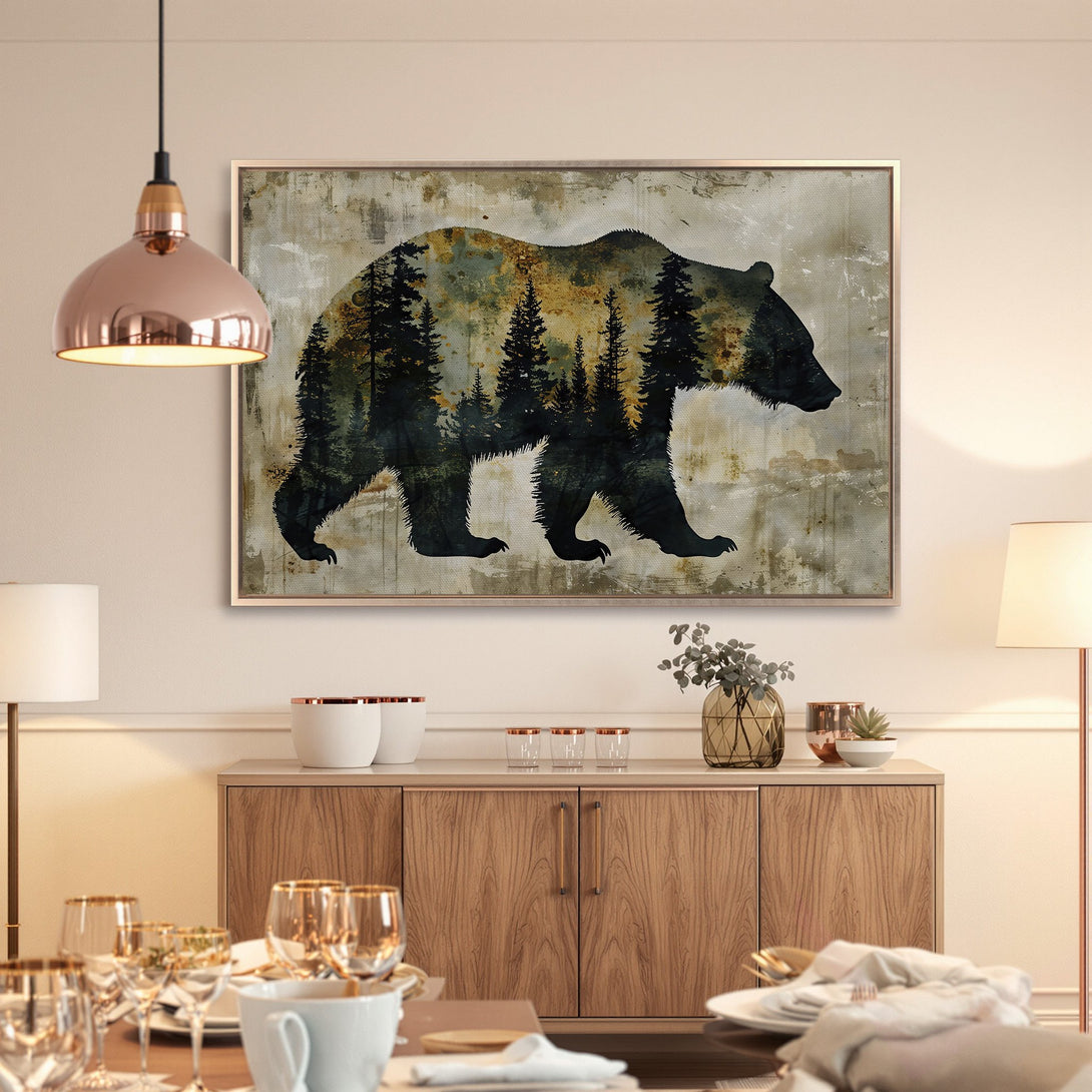 Framed Wall Art: Rustic bear silhouette canvas print in neutral tones. Perfect for adding a touch of nature-inspired art to your home decor.